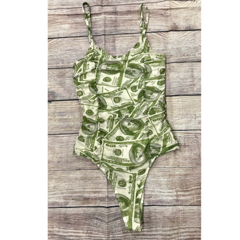 Women’s large green $100 bill money bodysuit one piece NWOT new without tags